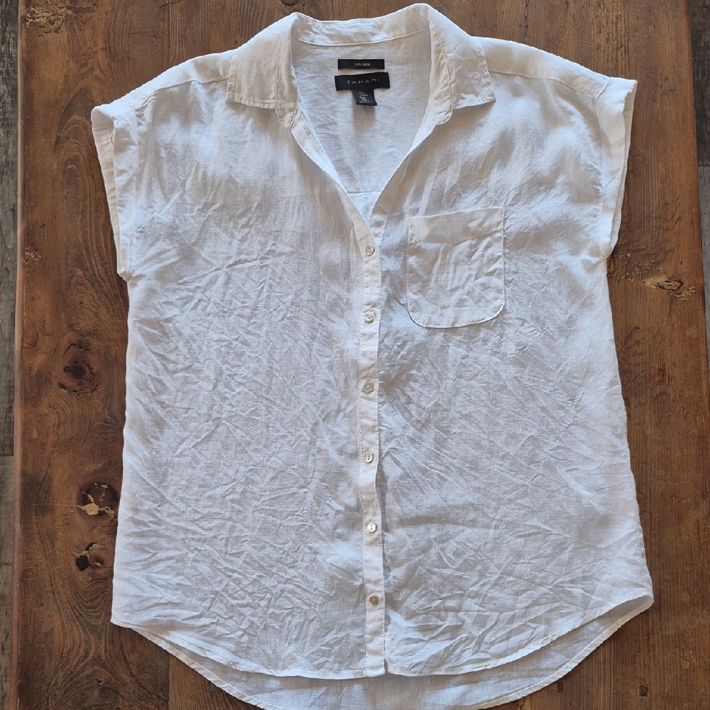 Tahari White Button Down Short Sleeve Top, 100% Linen, Medium